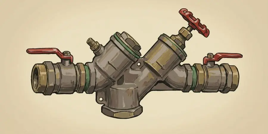 Hand-painted illustration of a brass backflow prevention assembly, isolated against a plain background